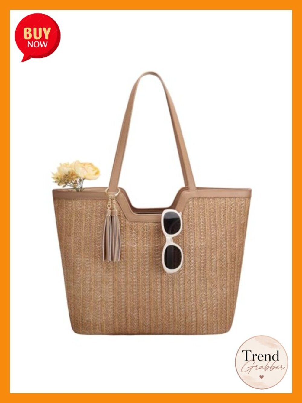 Straw Woven Tote Bag with Tassel Accents, Lightweight Beach Shoulder Bag